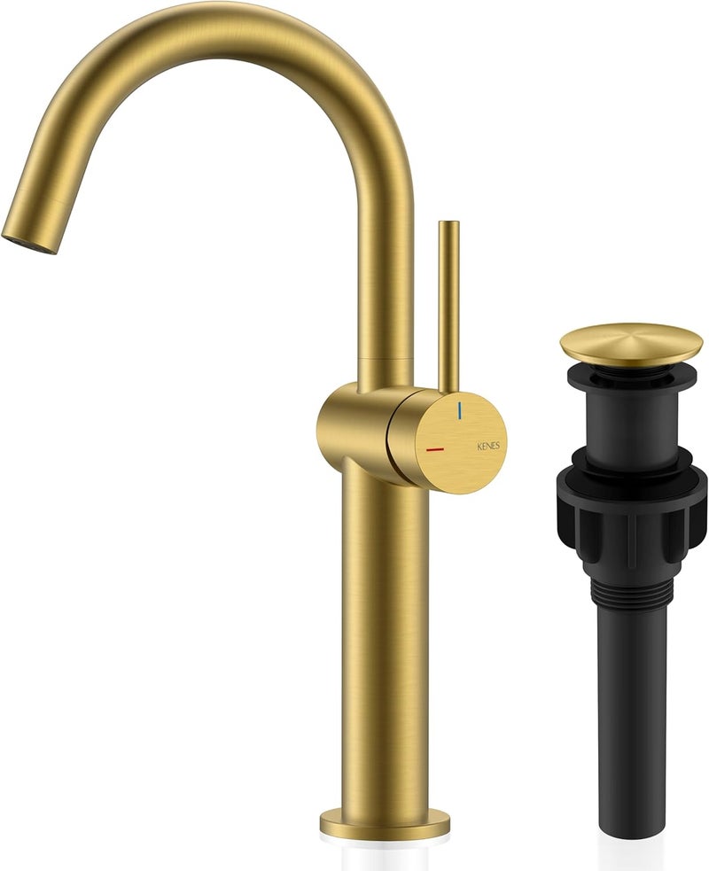 KENES Brushed Gold Tall Bathroom Faucet, Single Handle Vessel Sink Faucet Single Hole, Modern Bathroom Vanity Faucet with Pop Up Drain and Supply Lines, KE-9005C-4 - Image 1